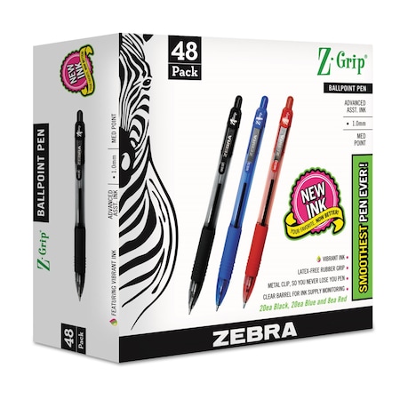 Zebra Pen Z-Grip Ballpoint Pen, Retractable, Medium 1 mm, Assorted Ink and Barrel Colors, PK48 22048